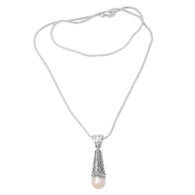 Cultured pearl pendant necklace, 'Dropping Spirals' - Cultured Pearl and Sterling Silver Balinese Pendant Necklace