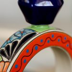 Ceramic tequila decanter, 'Ring of Liquid Gold' - Blue and Orange Ring Shape Ceramic Tequila Decanter