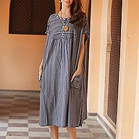 Cotton caftan dress, 'Stripes and Flowers' - Dark and Light Blue Striped Cotton Caftan Dress