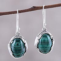 Malachite dangle earrings, 'Elegant Flair' - Oval Malachite Dangle Earrings from India