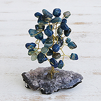 Agate gemstone tree, 'Cool Leaves' - Blue Agate Gemstone Tree with an Amethyst Base from Brazil