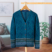 100% alpaca cardigan, 'Dreamy Blues' - Teal 100% Alpaca Wool Cardigan Sweater from Peru