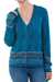 100% alpaca cardigan, 'Dreamy Blues' - Teal 100% Alpaca Wool Cardigan Sweater from Peru thumbail