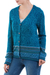 100% alpaca cardigan, 'Dreamy Blues' - Teal 100% Alpaca Wool Cardigan Sweater from Peru (image 2b) thumbail