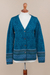 100% alpaca cardigan, 'Dreamy Blues' - Teal 100% Alpaca Wool Cardigan Sweater from Peru (image 2d) thumbail
