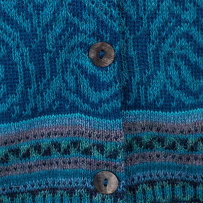 Cárdigan 100% alpaca - Cárdigan 100% lana de alpaca verde azulado de Perú