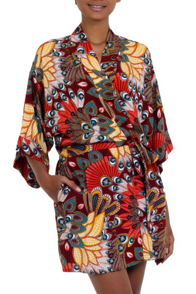 Multicolored Floral Rayon Robe in Red from Indonesia