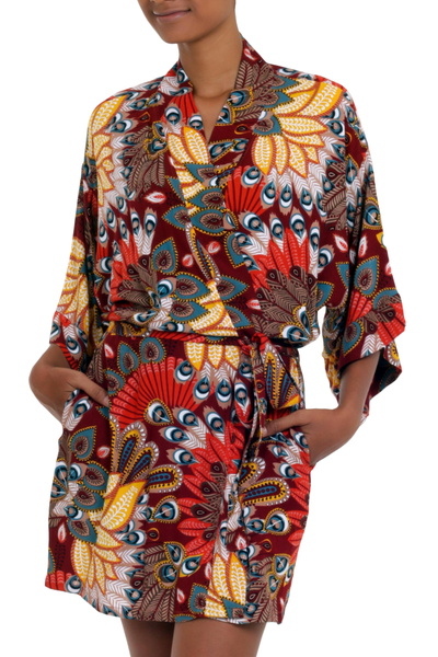 Rayon robe, 'Brush Feathers' - Multicolored Floral Rayon Robe in Red from Indonesia