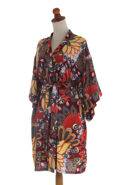 Rayon robe, 'Brush Feathers' - Multicolored Floral Rayon Robe in Red from Indonesia