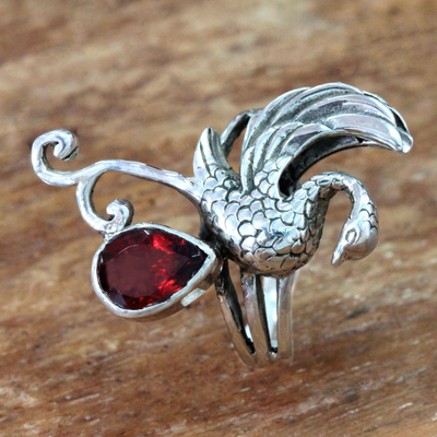 Garnet cocktail ring, 'Swan' - Handmade Sterling Silver and Garnet Swan Theme Cocktail Ring