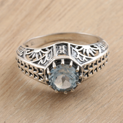 Blue topaz single stone ring, 'Crown of Tendrils' - Sterling Silver and Faceted Blue Topaz Ring