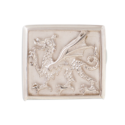 Anillo de sello de plata de ley, 'Dragón estilizado' - Anillo de sello de plata de ley con temática de dragón de Perú