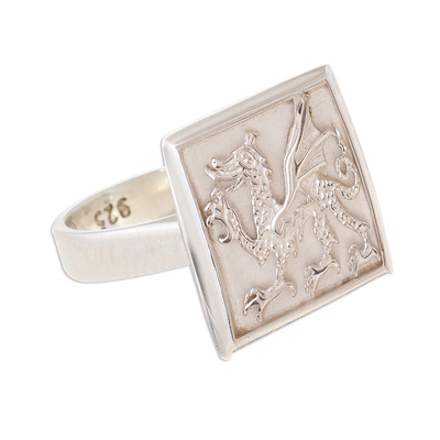 Sterling silver signet ring, 'Stylized Dragon' - Dragon-Themed Sterling Silver Signet Ring from Peru