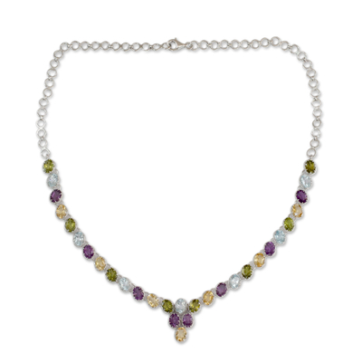 Multigem pendant.necklace, 'Cascading Colors' - Handmade Silver Necklace Four Kinds of Faceted Gems