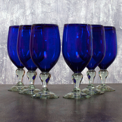Kelche aus mundgeblasenem Glas, „Night Sky“ (6er-Set) - Kelche aus mundgeblasenem Glas, 6er-Set, Kobaltblau, Mexiko