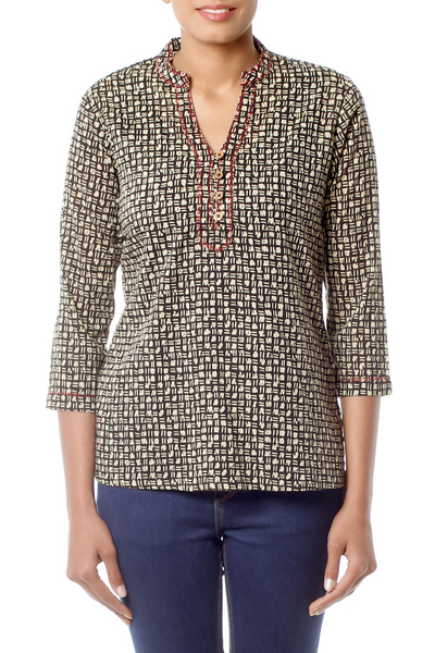 Cotton tunic, 'Midnight Jazz' - Cotton Patterned Tunic Top Block Printed by Hand
