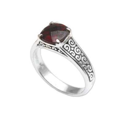 Garnet cocktail ring, 'Buddha Sparkle' - Garnet and Sterling Silver Cocktail Ring from Bali
