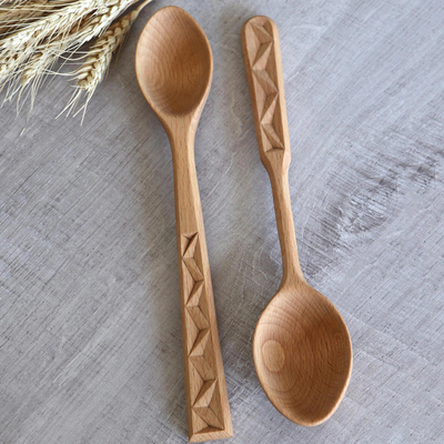 Wood serving spoons, 'Savory Traditions' (pair) - Armenian Hand Carved Beechwood Serving Spoons (Pair)