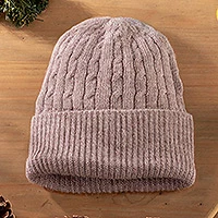 100% alpaca knit hat, 'Comfy in Pink' - Dusty Rose Pink 100% Alpaca Soft Cable Knit Hat from Peru