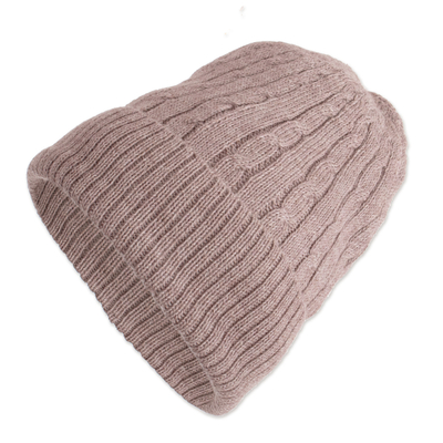 100% alpaca knit hat, 'Comfy in Pink' - Dusty Rose Pink 100% Alpaca Soft Cable Knit Hat from Peru
