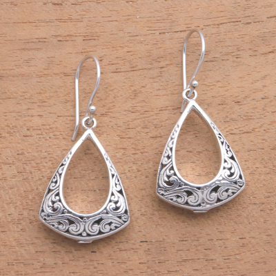 Sterling silver dangle earrings, 'Frame of Happiness' - Openwork Pattern Sterling Silver Dangle Earrings from Bali