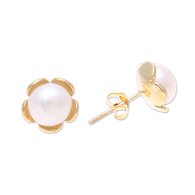 Gold plated ultured pearl stud earrings, 'Dainty Flower' - Cultured Pearl and Gold Plated Sterling Silver Stud Earrings