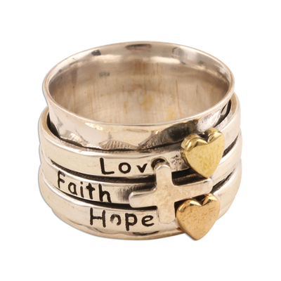 Sterling silver meditation spinner ring, 'Spiritual Gifts' - Sterling Silver Meditation Spinner Ring Love Faith Hope