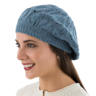 100% alpaca beret, 'Azure Leaves' - Women's Blue Beret Hat Knitted by Hand in 100% Alpaca Wool