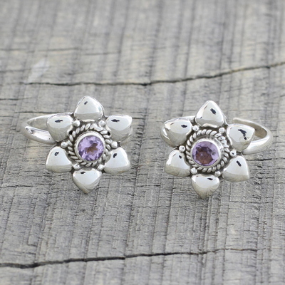 Amethyst toe rings, 'Floral Gleam' (pair) - Two Floral Amethyst and 925 Silver Toe Rings from India