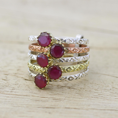 Ruby cocktail ring, 'Alluring Globes in Crimson' - Handmade Ruby and Sterling Silver Ring from India