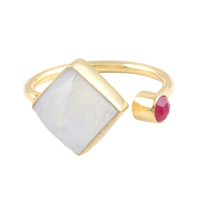 Gold plated rainbow moonstone and chalcedony wrap ring, 'Appealing Fusion' - Rainbow Moonstone and Pink Chalcedony Cocktail Wrap Ring