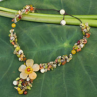 Quartz and carnelian flower necklace, 'Dazzling Bloom' - Fair Trade Floral Beaded Quartz Necklace
