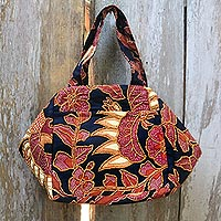 Beaded cotton batik handbag, 'Black Peacock' - Balinese Beaded Hand Stamped Cotton Batik Handbag