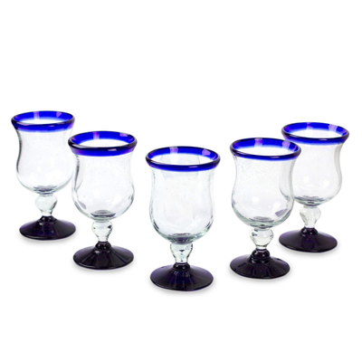 Water glasses, 'Spring Skies' (set of 5) - Collectible Handblown Glass Goblets Drinkware Set of 5