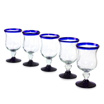 Water glasses, 'Spring Skies' (set of 5) - Collectible Handblown Glass Goblets Drinkware Set of 5
