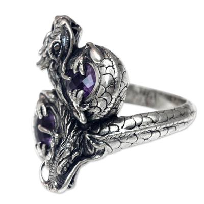 Amethyst cocktail ring, 'Noble Dragons' - Sterling Silver Dragon Jewelry Ring with Amethysts
