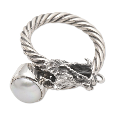 Cultured pearl cocktail ring, 'Naga Basuki' - Sterling Silver and Cultured Pearl Serpent Ring