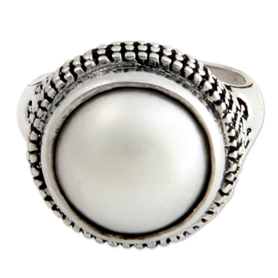 Cultured pearl domed ring, 'Moon Mystique' - Handcrafted Pearl and Sterling Silver Dome Ring