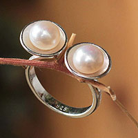 Cultured pearl cocktail ring, 'Twin Moons' - Cultured pearl cocktail ring