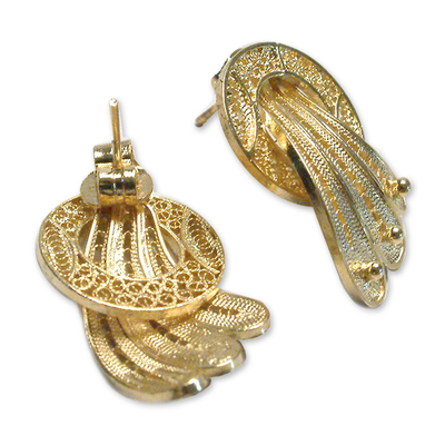 Gold plated filigree earrings, 'Golden Fan' - Gold plated filigree earrings