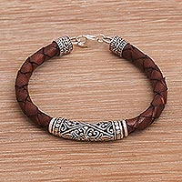 Leather and sterling silver bracelet, 'Lost Kingdom in Brown' - Sterling Silver and Leather Cord Bracelet from Bali