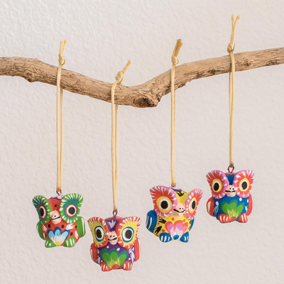 Ceramic ornaments, 'Wise Friends' (set of 4) - Hand-Painted Ceramic Owl Ornaments from Guatemala (Set of 4)