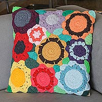 Cotton cushion cover, 'Flowers of the World' - Multicolored Floral Motif Cotton Cushion Cover from Brazil
