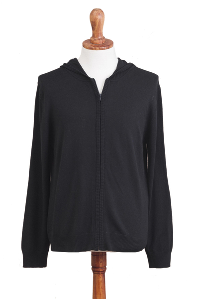 Men's cotton blend hoodie, 'Licorice Black Adventure' - Black Cotton Blend Men's Hoodie Sweater