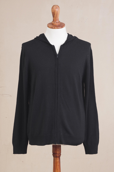 Men's cotton blend hoodie, 'Licorice Black Adventure' - Black Cotton Blend Men's Hoodie Sweater