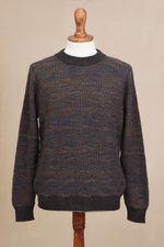 Men's 100% alpaca pullover, 'Warm Waves' - Azure and Sunrise Men's 100% Alpaca Pullover from Peru