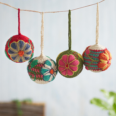 Wool ornaments, 'Flowering Festivity' (set of 4) - Floral Crocheted Wool Ornaments from Peru (Set of 4)