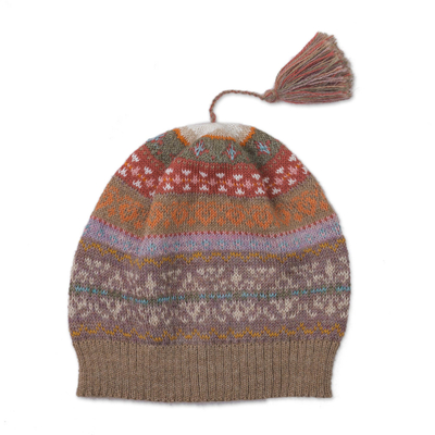 Earth-Tone 100% Alpaca Knit Hat from Peru