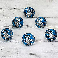 Ceramic cabinet knobs, 'Charming Blue Flowers' (set of 6) - Ceramic Cabinet Knobs Floral Blue and White (Set of 6) India