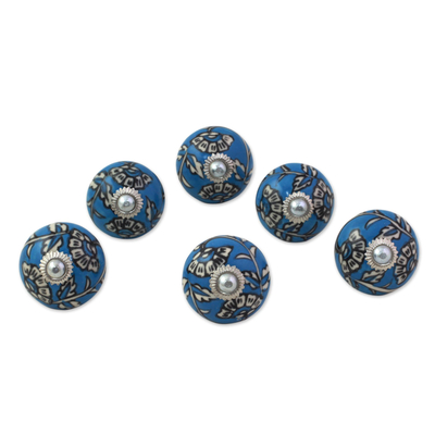 Möbelknöpfe aus Keramik, (6er-Set) - Keramik-Möbelknöpfe, Blumenmuster, Blau und Weiß (6er-Set), Indien